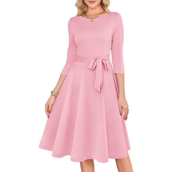 Women's Pink 3/4 Sleeve Vintage Flattering A-line Vintage Cocktail Dresses - Picture 4 of 5